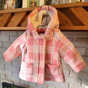 Old Navy Pink Cream plaid Hooded Toddler Coat Size 3-6m